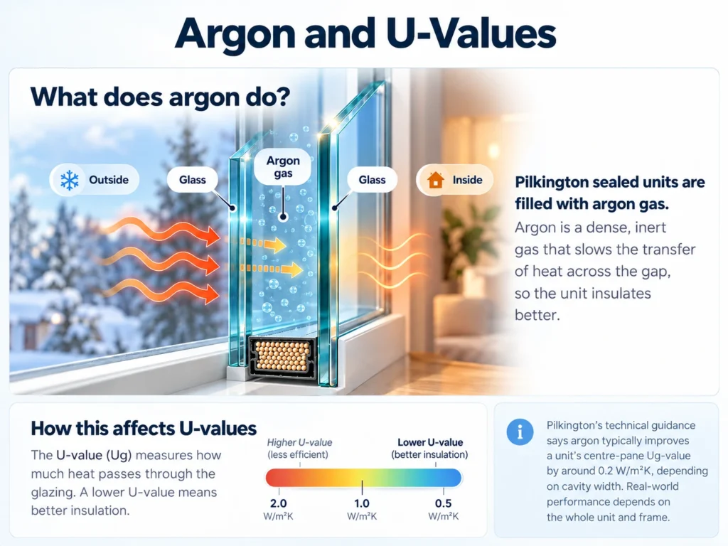 Diagram explaining argon gas in double glazing and how lower U-values improve insulation