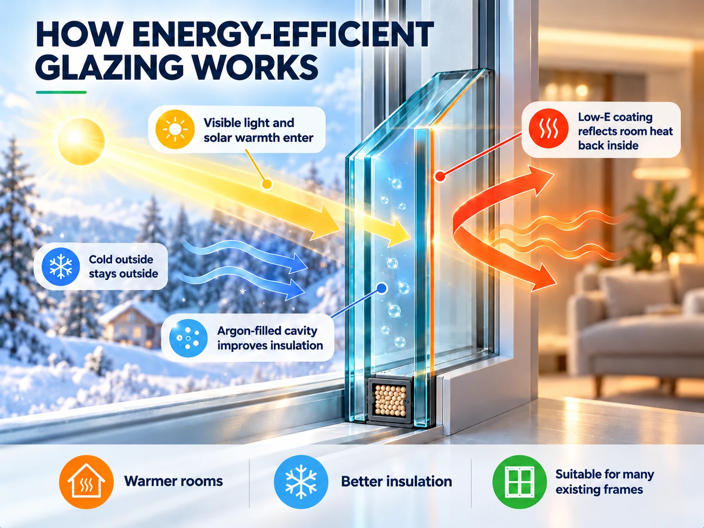 Energy-efficient glazing diagram showing sunlight entering and room heat being reflected back indoors
