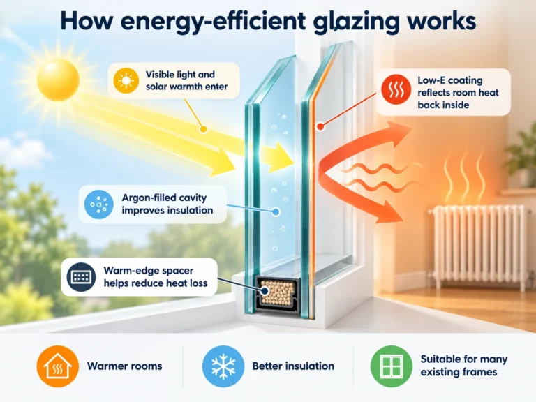 Diagram showing how energy-efficient glazing retains heat using Low-E glass, argon gas and a warm-edge spacer