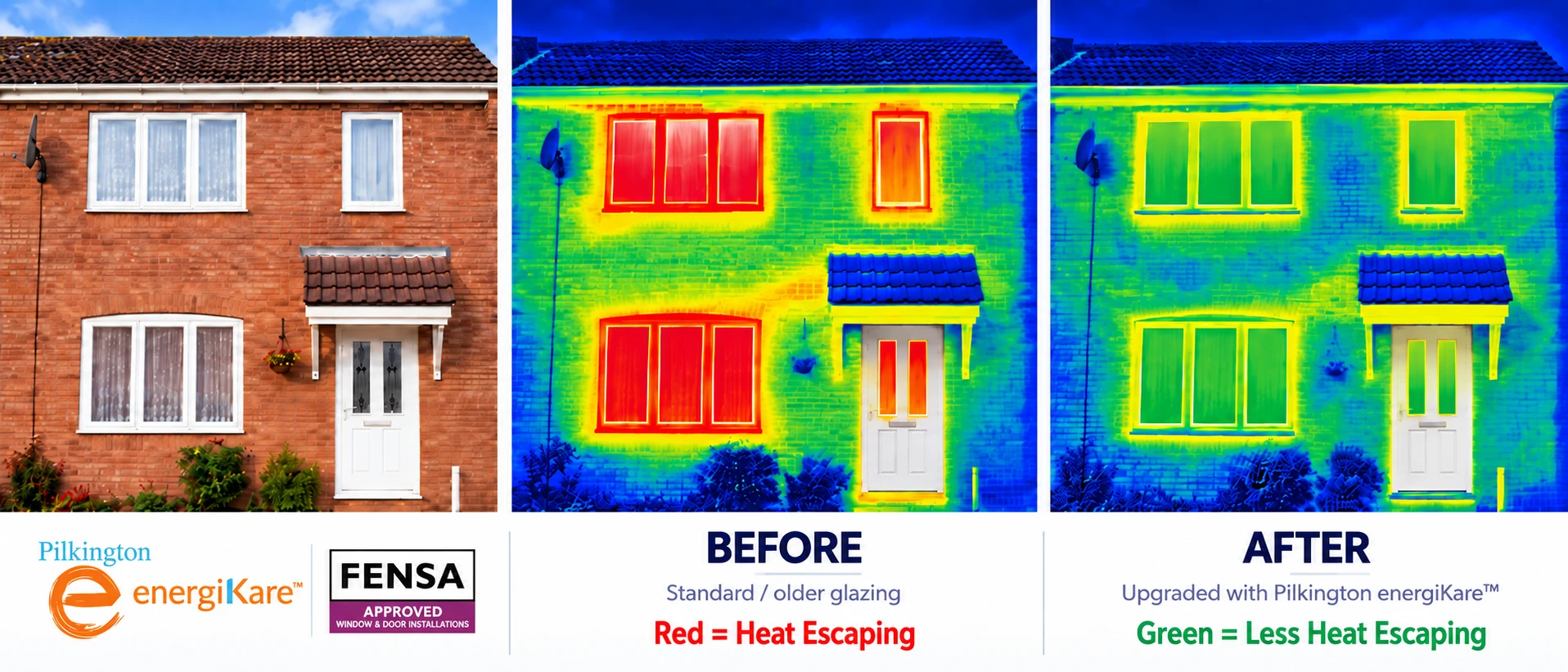 Thermal comparison showing heat escaping through older glazing and less heat after upgrading to Pilkington energiKare