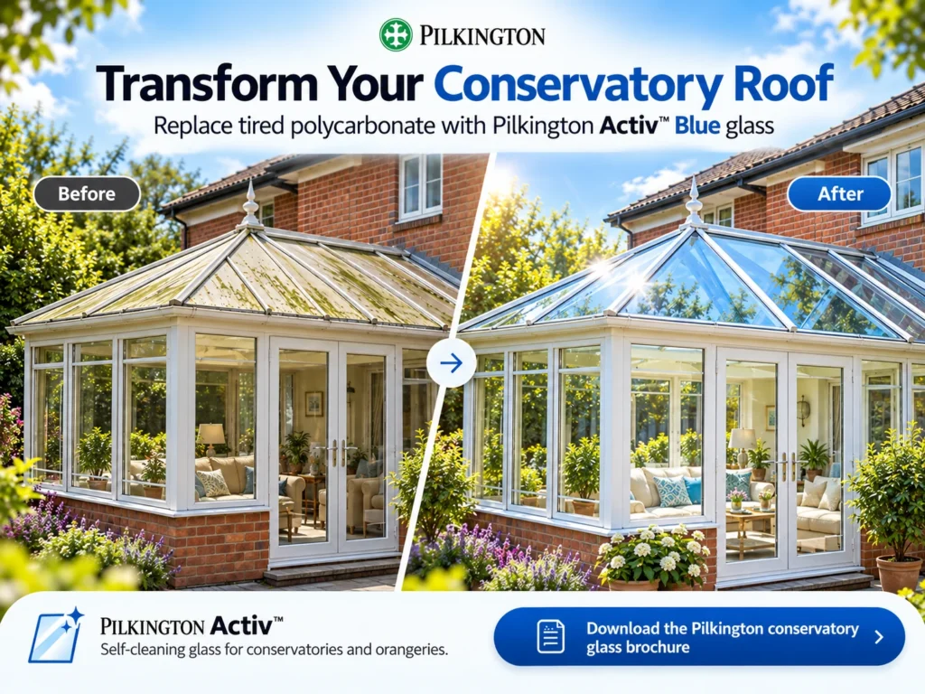 Before and after conservatory roof transformation with Pilkington Activ Blue