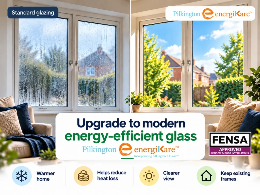Comparison showing standard glazing versus upgraded Pilkington energiKare energy-efficient glass.
