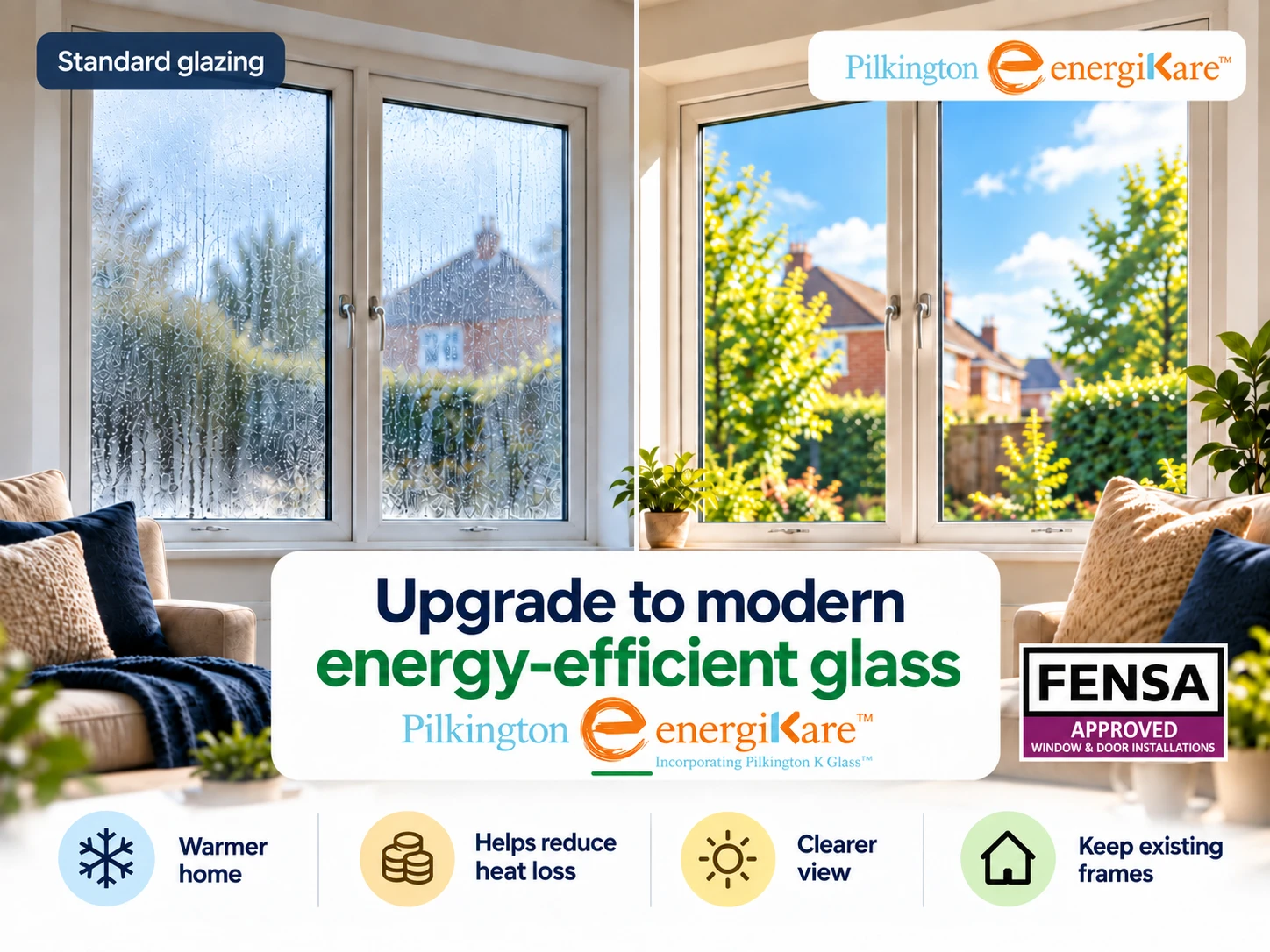 Comparison showing standard glazing versus upgraded Pilkington energiKare energy-efficient glass.