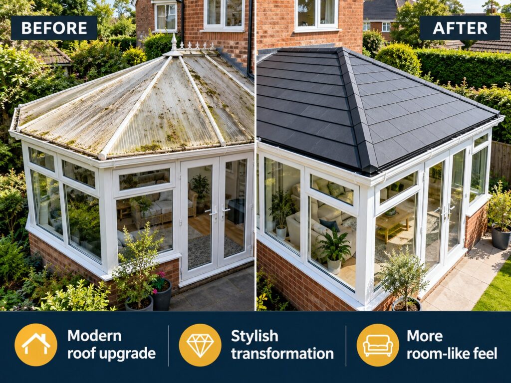 Before and after conservatory roof upgrade from old polycarbonate to a modern lightweight tiled roof