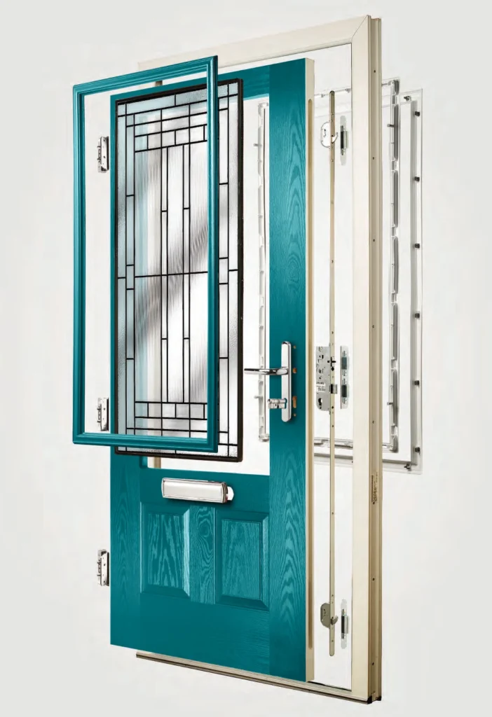 Exploded view of a teal composite front door showing the frame, glazing cassette, hinges and multi-point lock