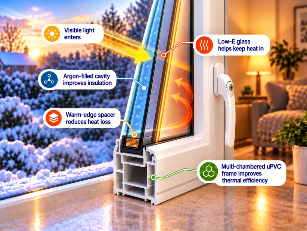 Energy-efficient uPVC window cutaway showing low-e glass, argon-filled cavity, warm-edge spacer and multi-chambered frame