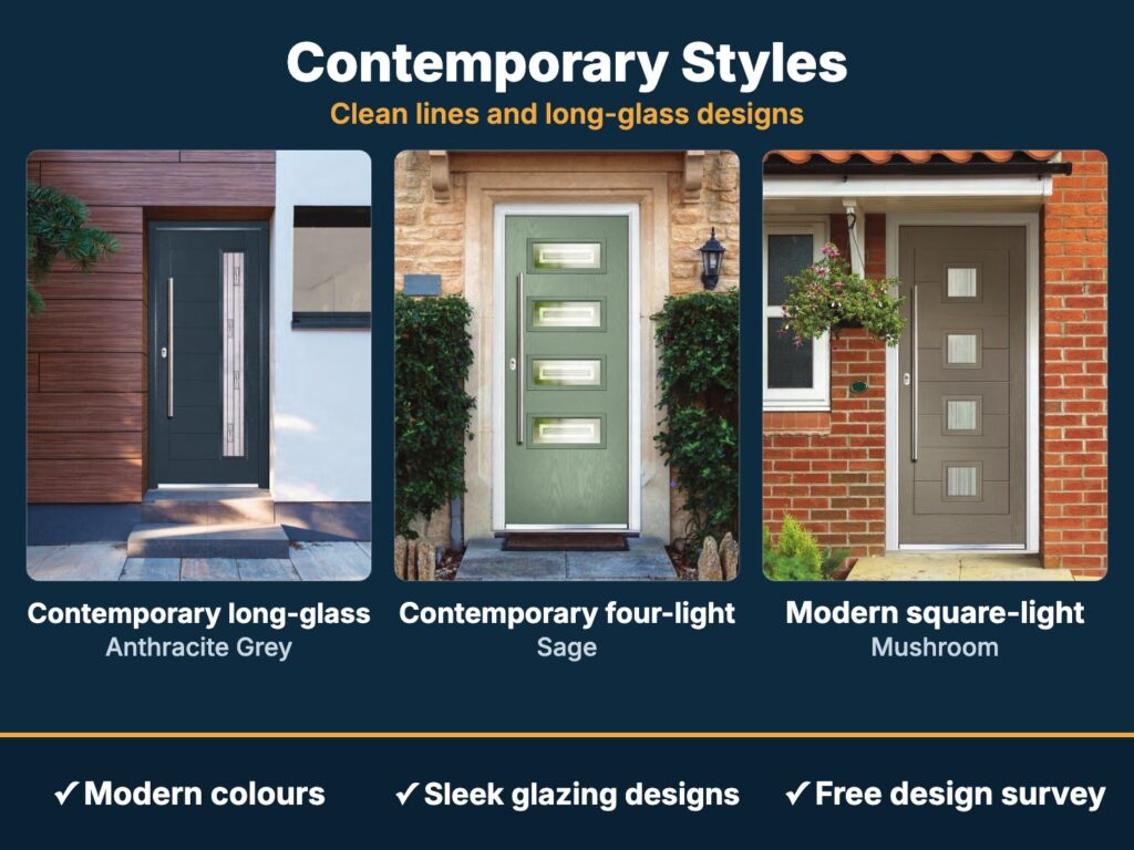 Contemporary composite front doors in Anthracite Grey, Sage and Mushroom