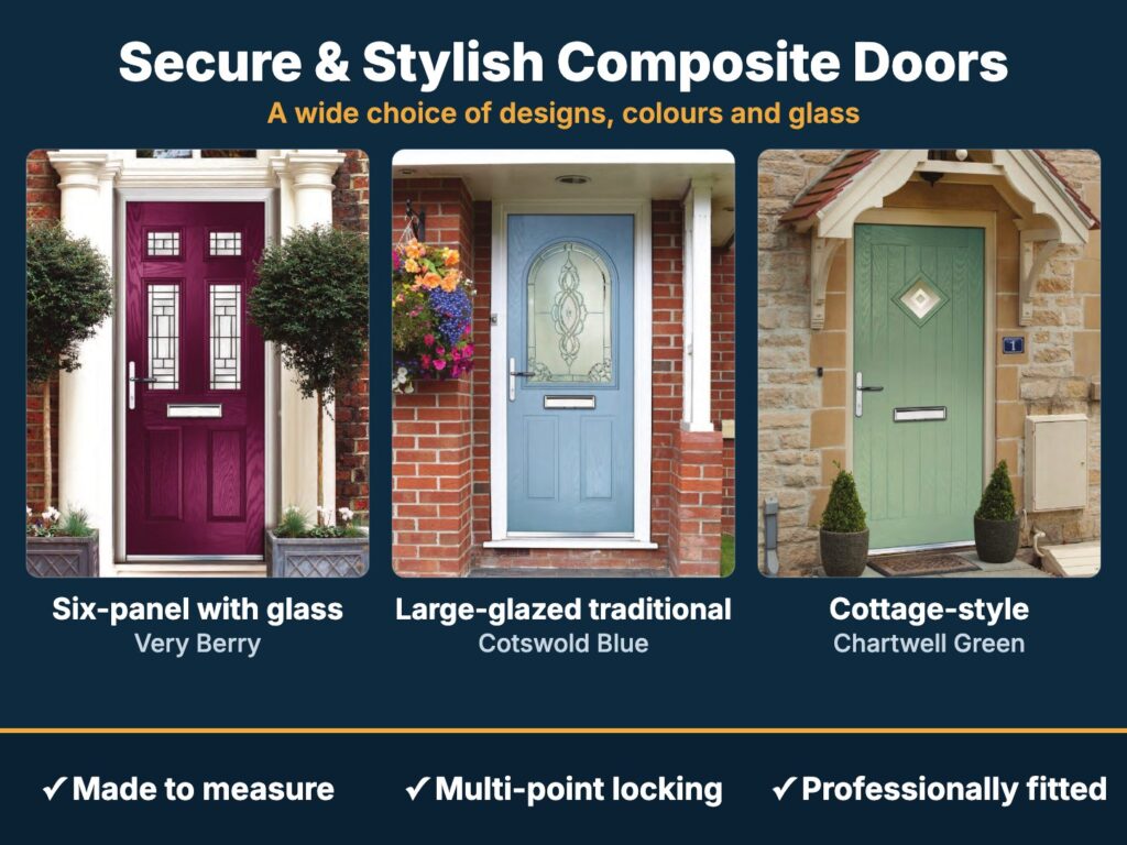 Three Energyglaze composite front doors in Very Berry, Cotswold Blue and Chartwell Green