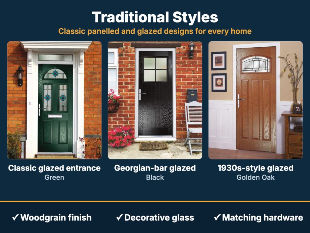 Traditional composite front doors: classic glazed green, Georgian-bar black and 1930s-style Golden Oak