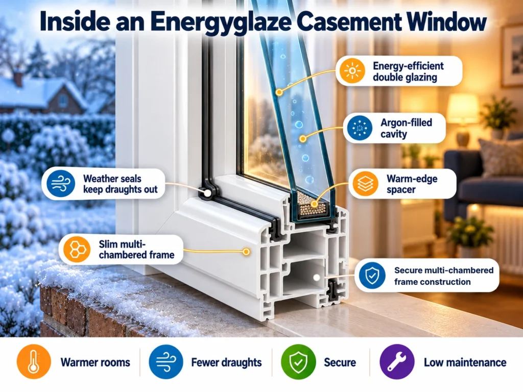Inside an Energyglaze casement window: double glazing, argon cavity, warm-edge spacer, weather seals and secure multi-chambered frame