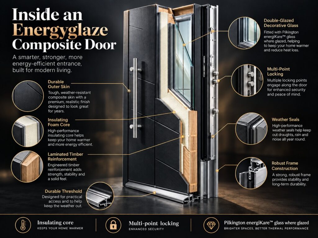Cross-section of an Energyglaze composite door showing the outer skin, insulating foam core, timber reinforcement, multi-point locking, weather seals and energiKare glazing