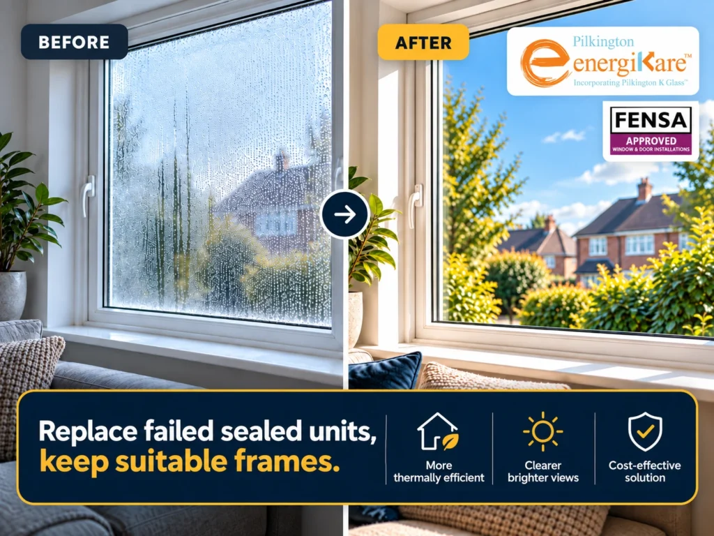 Before and after: a misted double-glazed window replaced with a clear Pilkington energiKare sealed unit in the existing frame