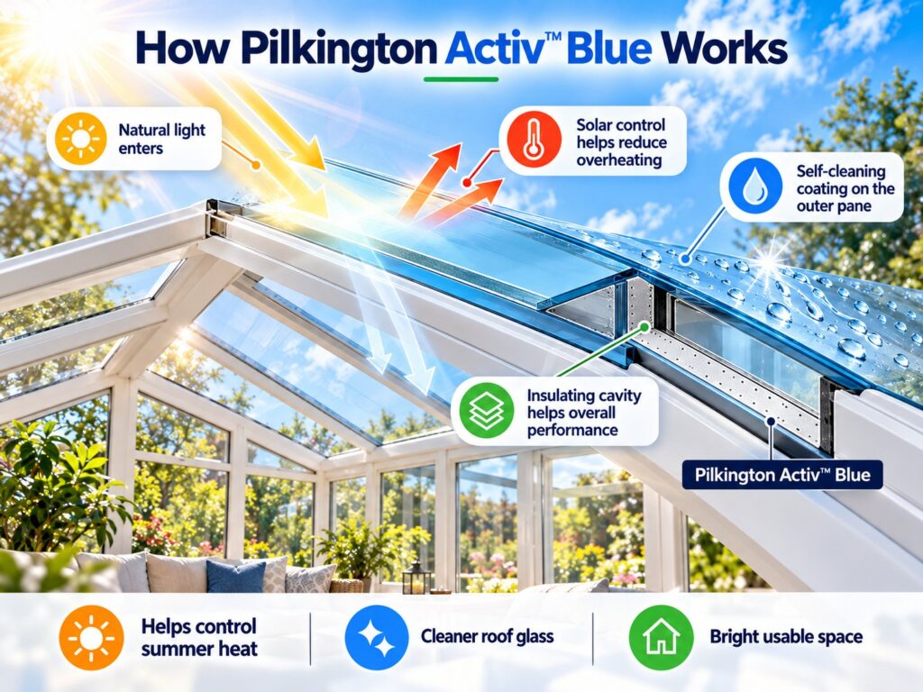 Conservatory glass roof diagram showing Pilkington Activ Blue solar control, natural light and self-cleaning outer pane