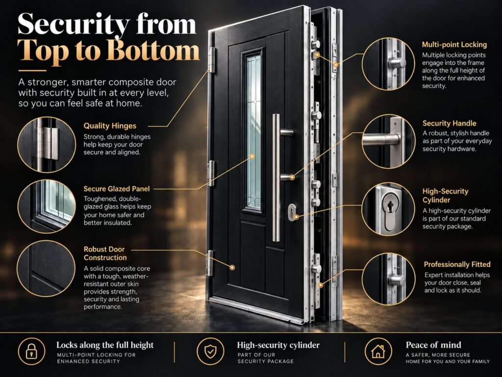 Energyglaze composite door security features: multi-point locking along the full height, security handle, high-security cylinder and secure glazed panel