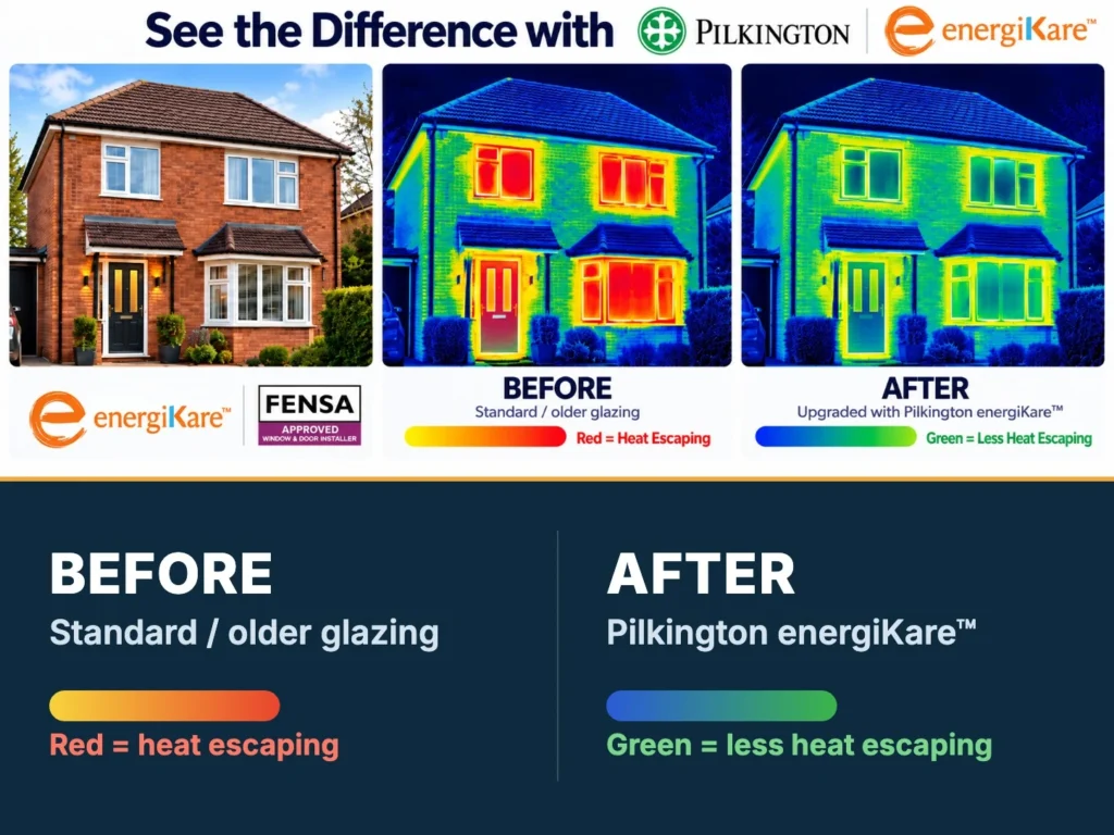 Thermal comparison showing heat escaping through standard older glazing before, and less heat escaping after upgrading to Pilkington energiKare glazing