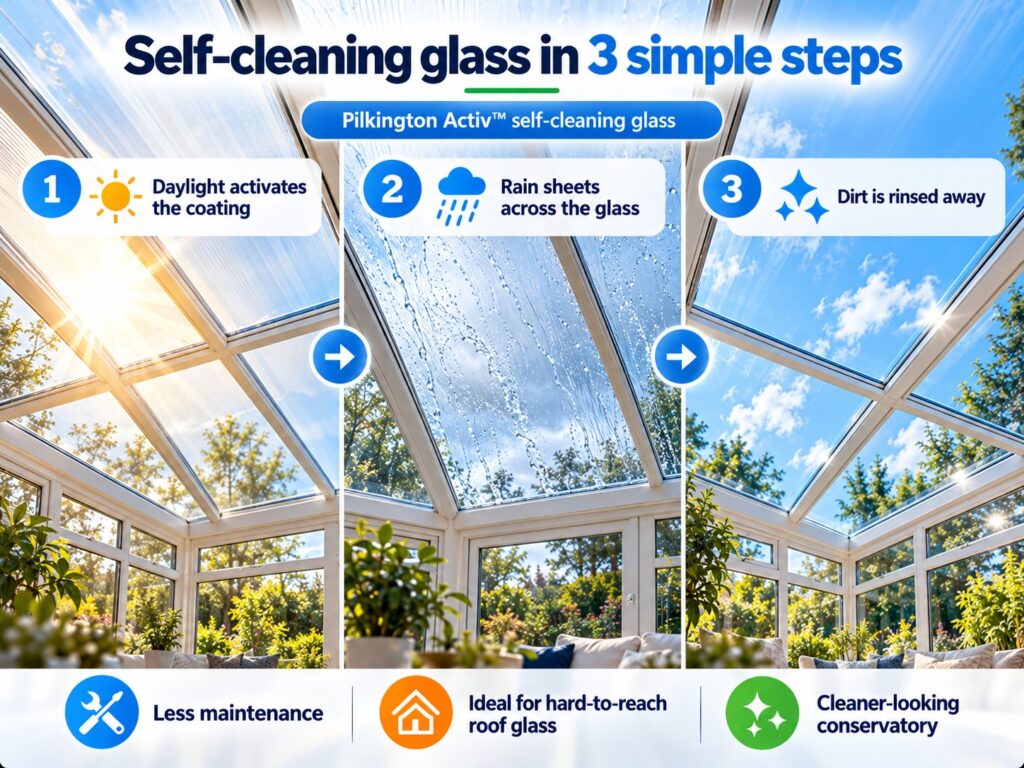 Pilkington Activ self-cleaning glass in three steps: daylight activates the coating, rain sheets across the glass, dirt is rinsed away