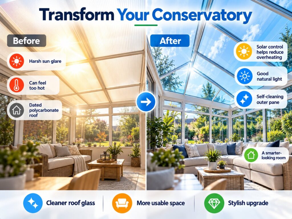 Before and after conservatory: a hot, dated polycarbonate roof replaced with a bright Pilkington Activ Blue glass roof