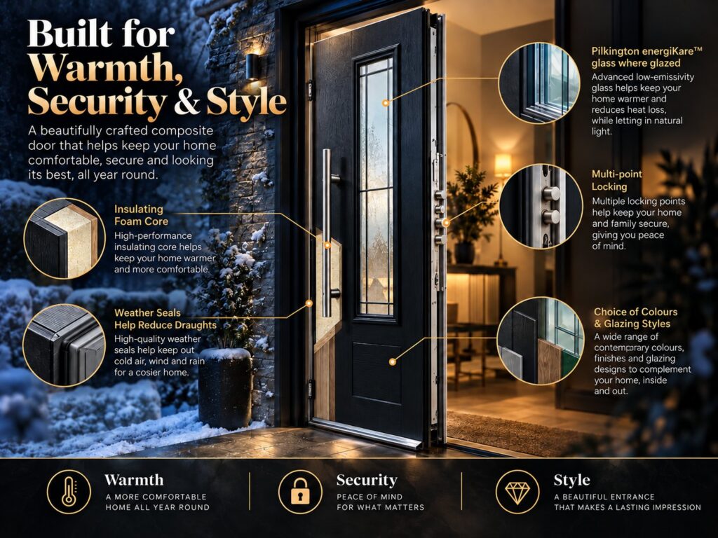 Energyglaze composite door built for warmth, security and style with insulating foam core, weather seals, multi-point locking and energiKare glass